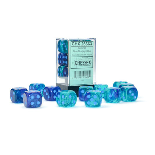 Chessex Gemini Blue-Blue/Light Blue 16mm D6 12 Dice (26663)