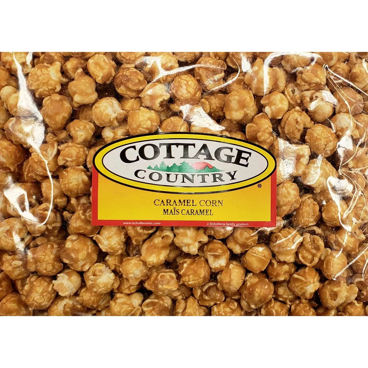 Cottage Country Caramel Corn clear retail bag with yellow brand label