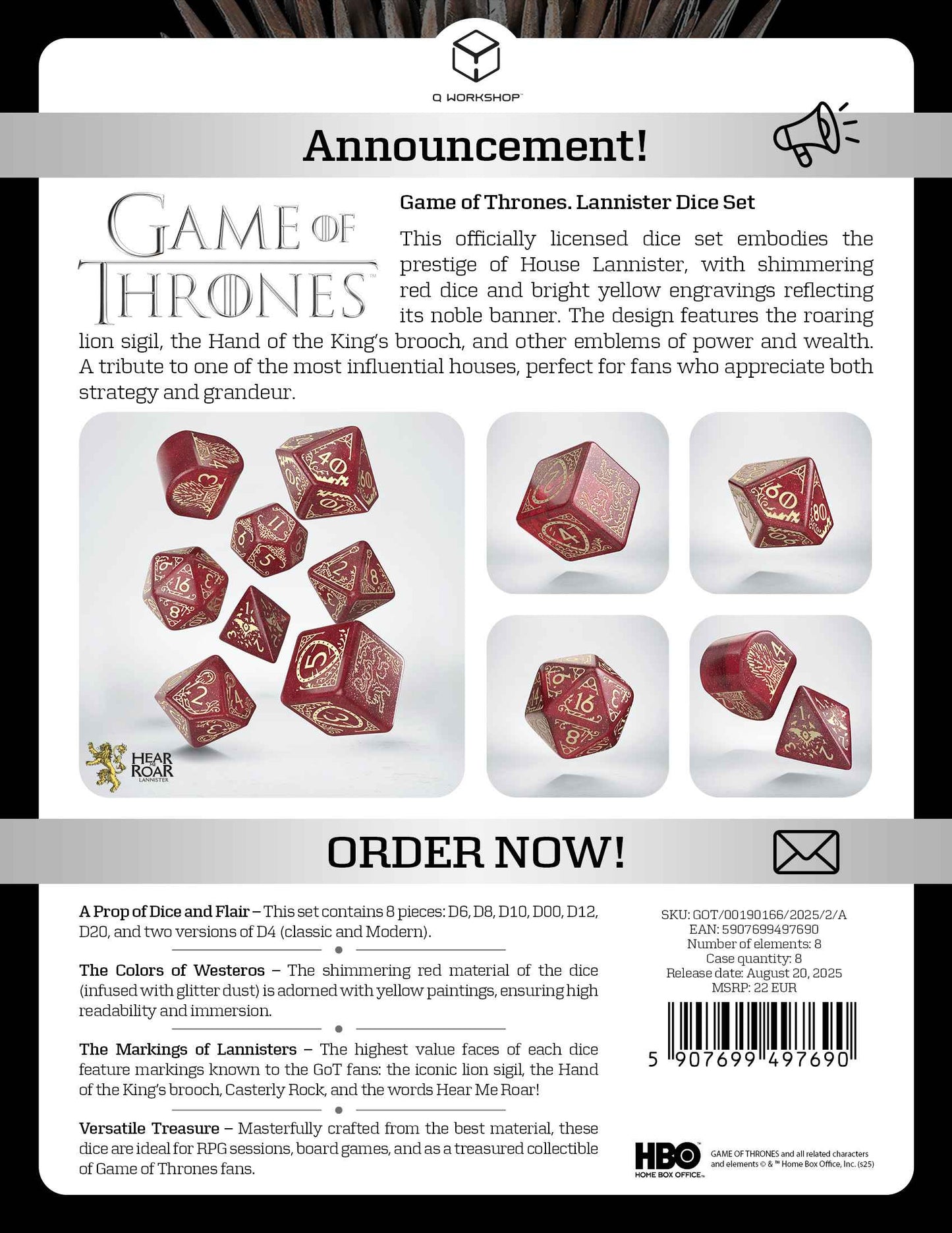 Game of Thrones Lannister Dice Set