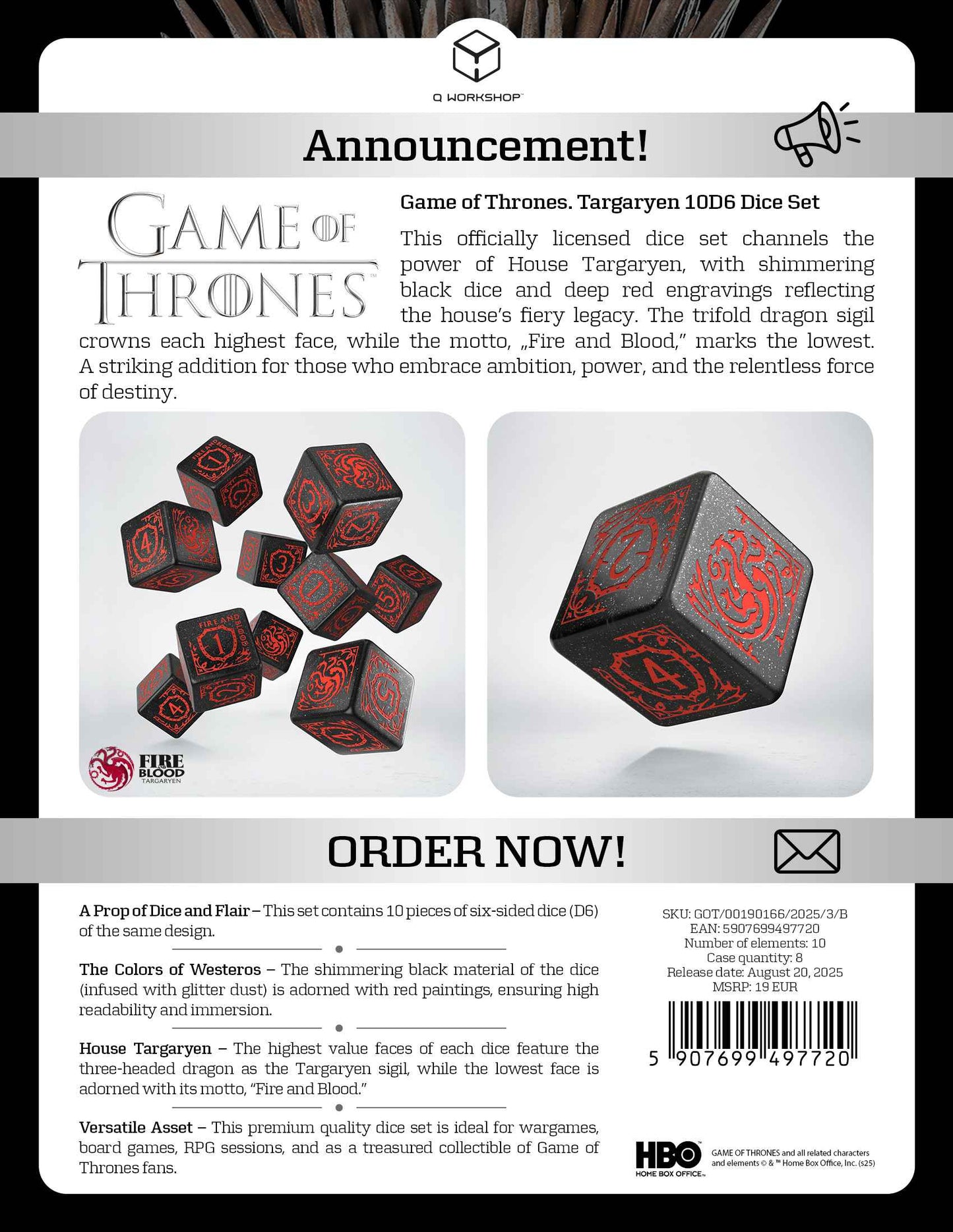 Game of Thrones Targaryen 10 X D6 Dice Set