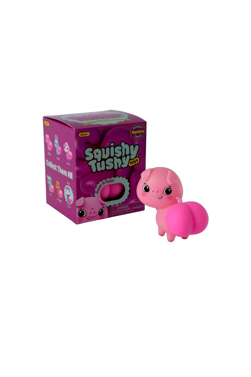 Squishy Tushy single pack with pig example character; one random figure included, specific character not guaranteed.