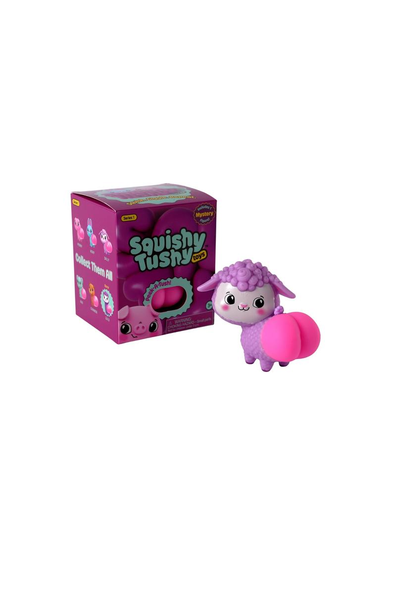 Squishy Tushy single pack with sheep example character; one random figure included, specific character not guaranteed.