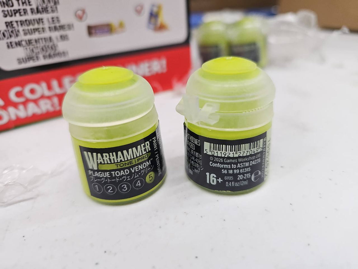 Warhammer Tone Pro Plague Toad Venom 5 12 mL, front and back label views; sold individually