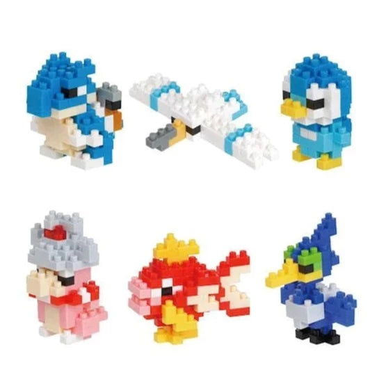 6 water pokemon models are shown - blastoise, wingull, piplup, slowking, magikarp, and cramorant