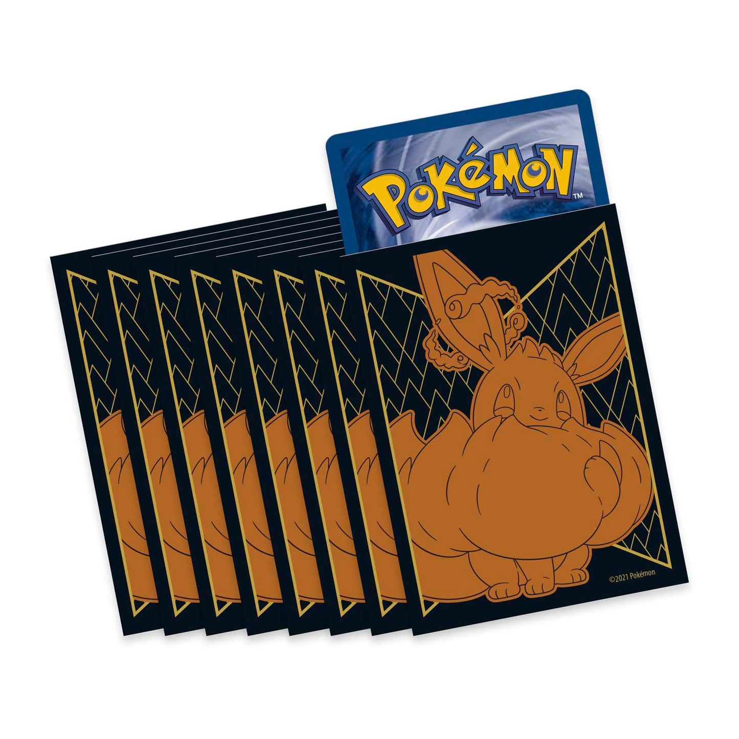 This shows an image of the Eevee-themed deck protection sleeves included in the elite trainer box.