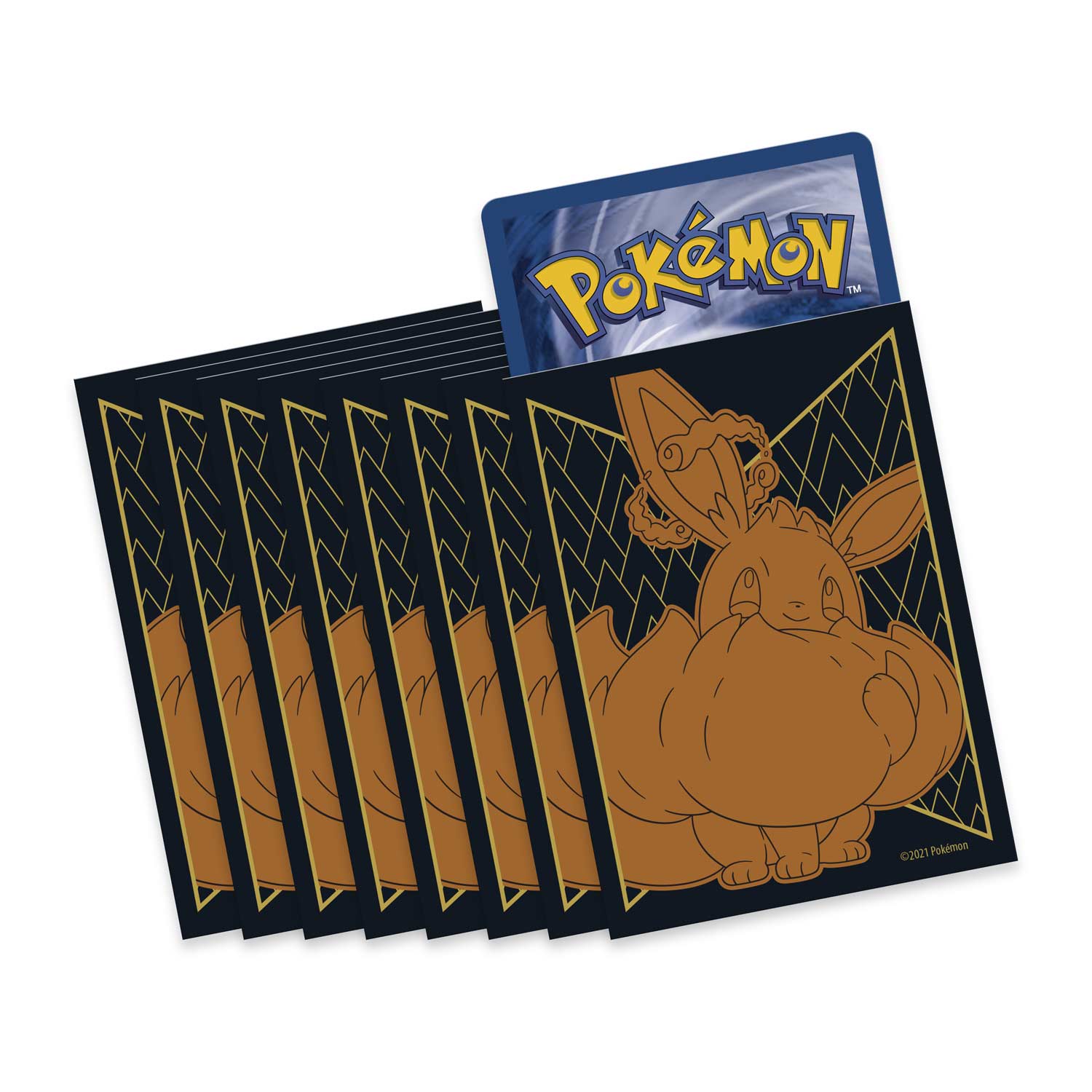 This shows an image of the Eevee-themed deck protection sleeves included in the elite trainer box.