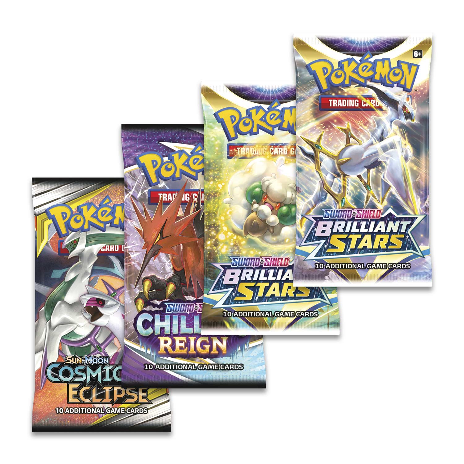 this shows the 4 packs of pokemon cards included in the set: cosmic eclipse, chilling reign, brilliant stars, and another brilliant stars. 