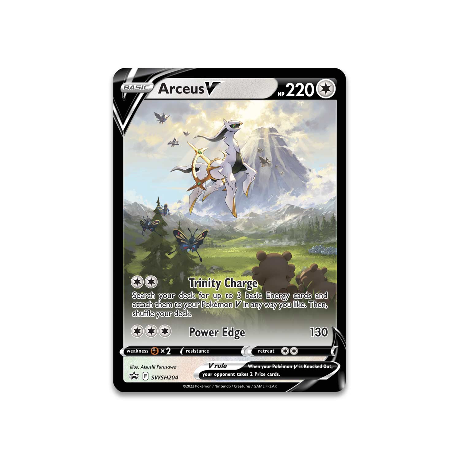 Arceus V promo card shows Arceus leaping majestically into the air while nearby pokemon watch in astonishment and jealousy