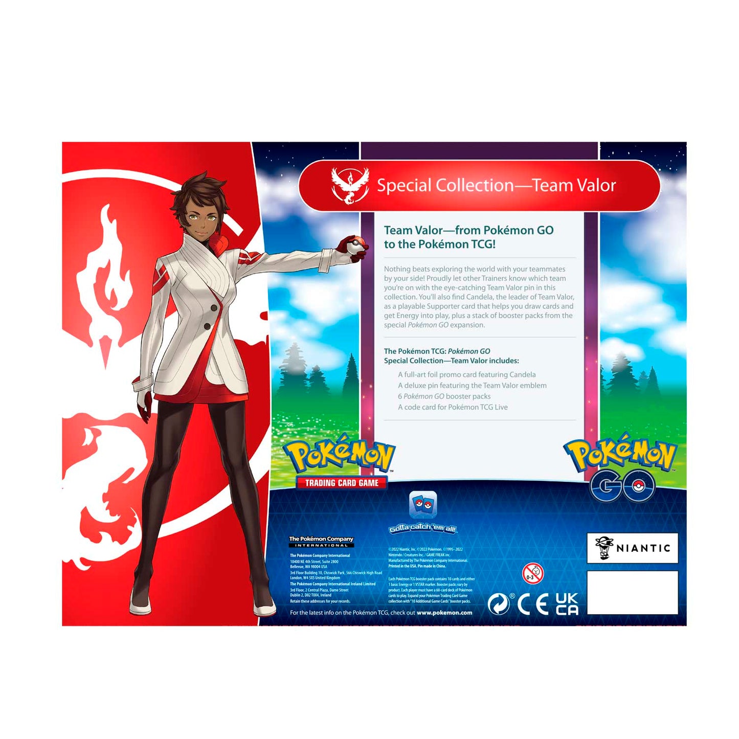 Back side of Team Valor Special Collection box, featuring Candela.