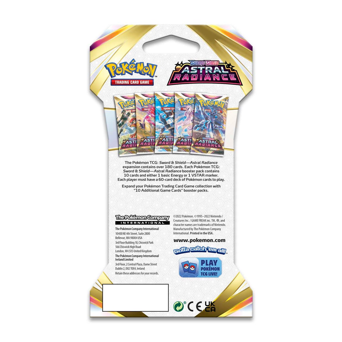 back side of a single blister shows available variants and explains that there are 10 cards in each pack along with either an energy or VStar card as well.