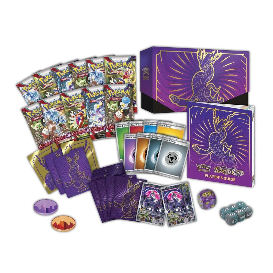 contents of the miraidon elite trainer box include 10 packs, dividers, sleeves, energy cards, counters, dice, and a player's guide - all inside a collectible box.