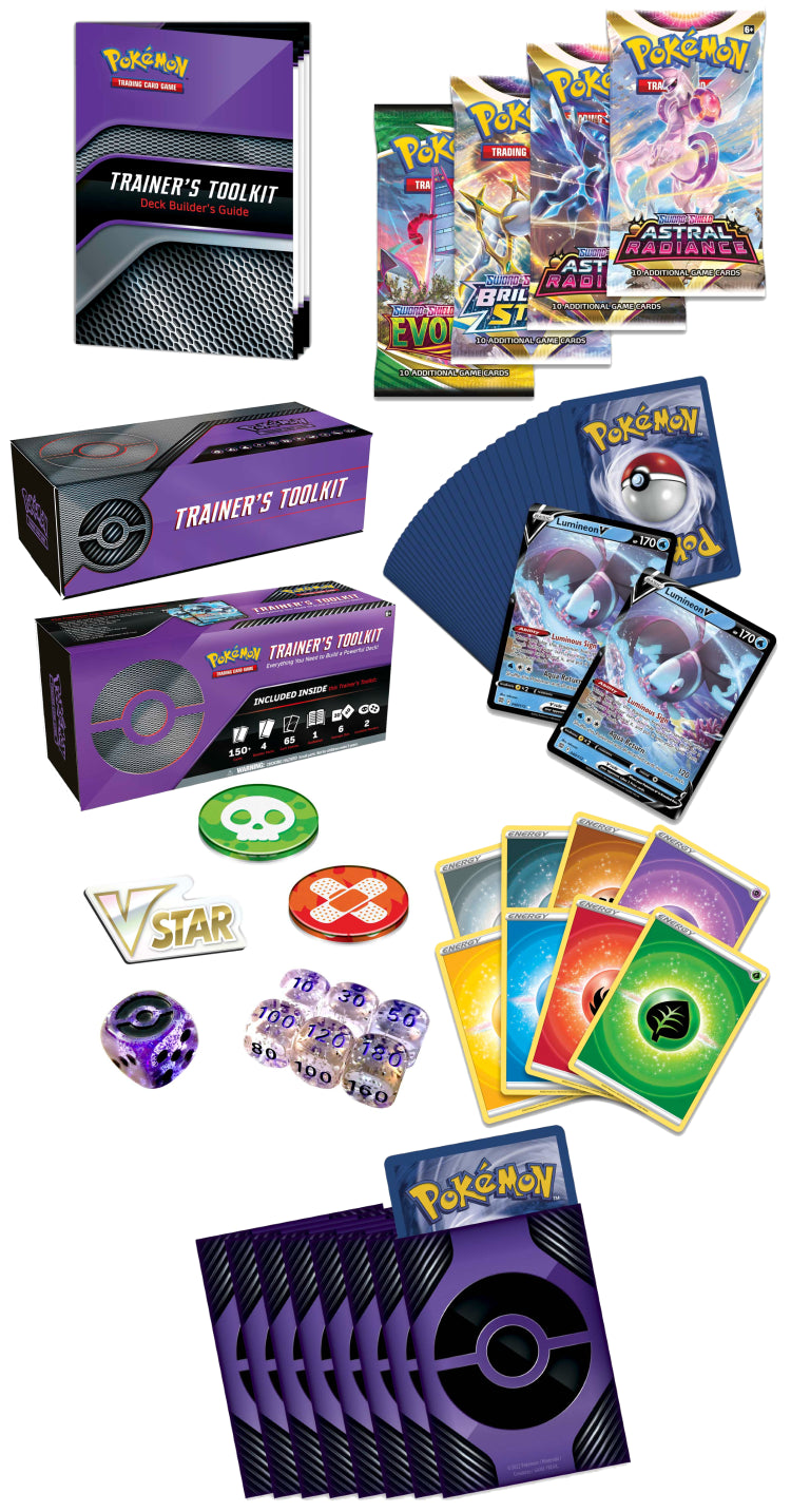 Another pic of contents of trainer toolkit including the 4 booster packs included (Astral Radiance, Astral Radiance, Brilliant Stars, Evolving Skies), 2 Lumineon V cards, as well as the purple box with the included 65 sleeves, 150 cards, 4 booster packs, 1 manual, 6 dice, and 2 counters.