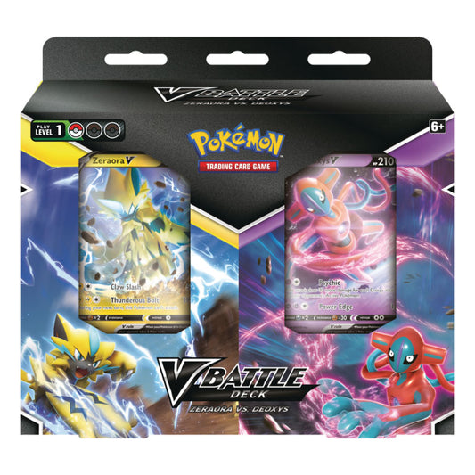 front picture of box shows both decks that are available: zeraora v (an electric cat with lightning coming from its hands) and deoxys, a weird dna alien spacy thing